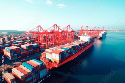 Seaport, Loading and unloading of cargo, containers. Business logistics, companies. E-commerce purchases, wholesale merchandise.