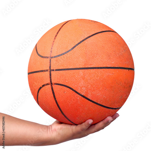 hand holding basketball on transparent background PNG © I LOVE PNG