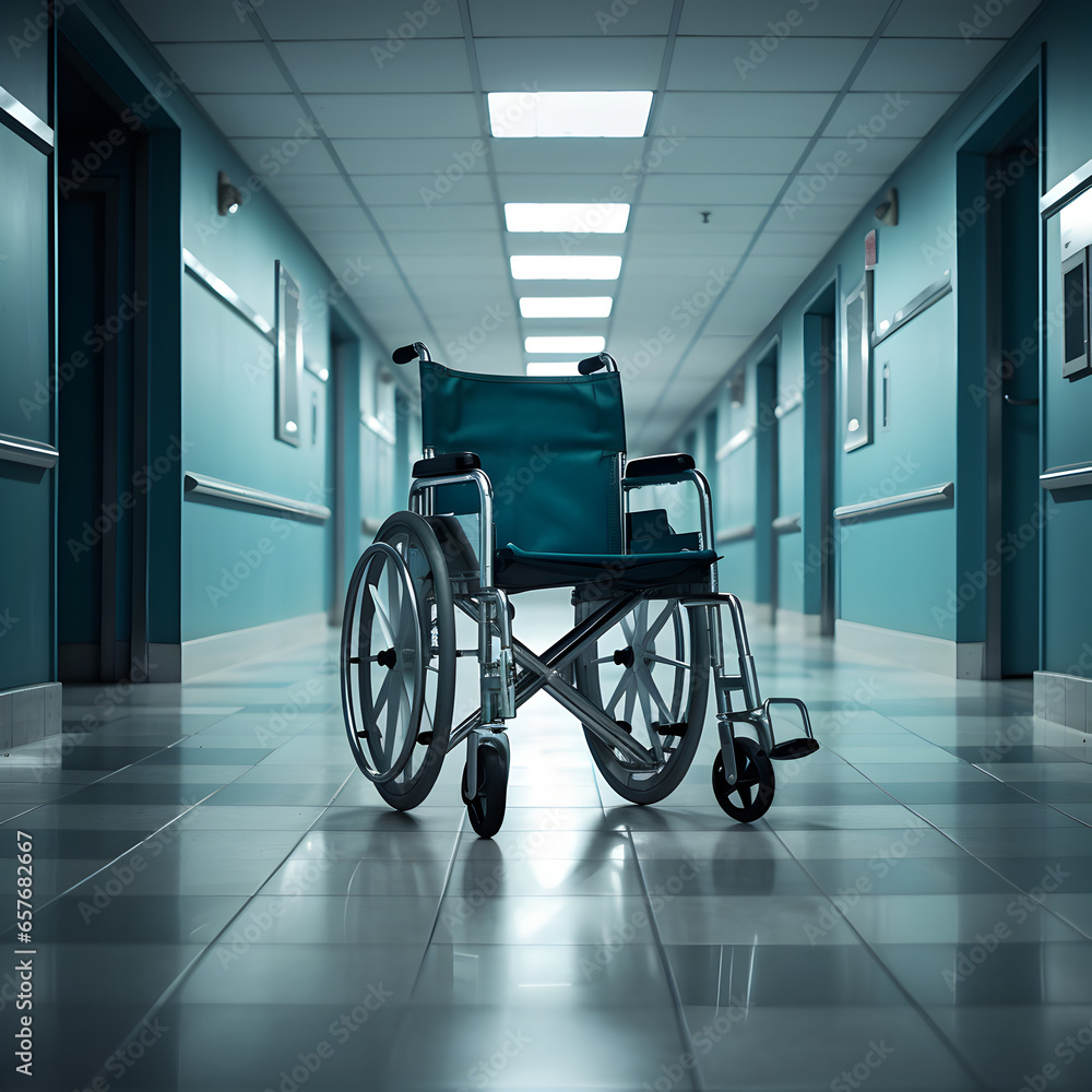 An empty wheelchair in a hospital. Generative ai. 