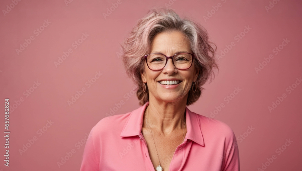 Happy portrait of smiling elegant elderly woman in pink bright clothes isolated on pink background, space fot text
