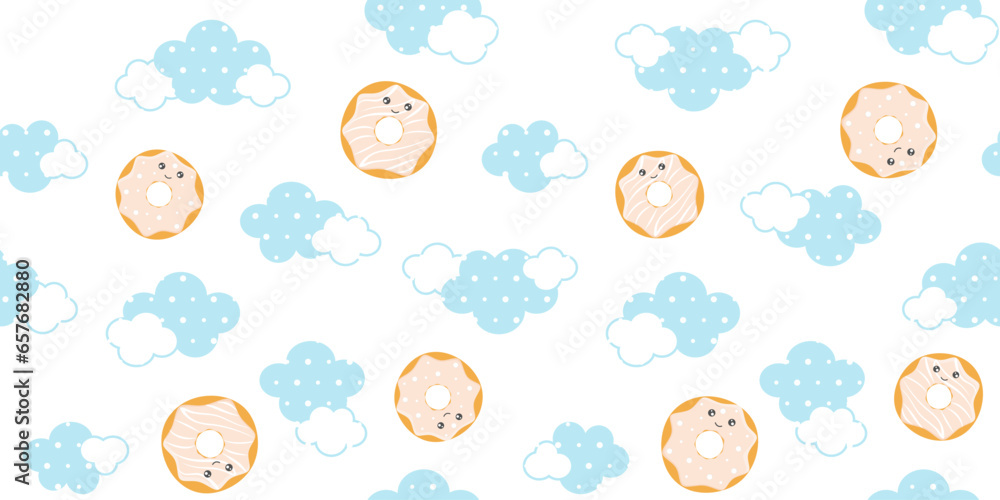 Cute glazed donuts with funny faces and polka dot clouds on a white background. Endless texture with kawaii dessert characters and sky. Vector seamless pattern for surface texture, giftwrap and print Cute glazed donuts with funny faces and polka dot clouds on a white background. Endless texture with kawaii dessert characters and sky. Vector seamless pattern for surface texture, giftwrap and print