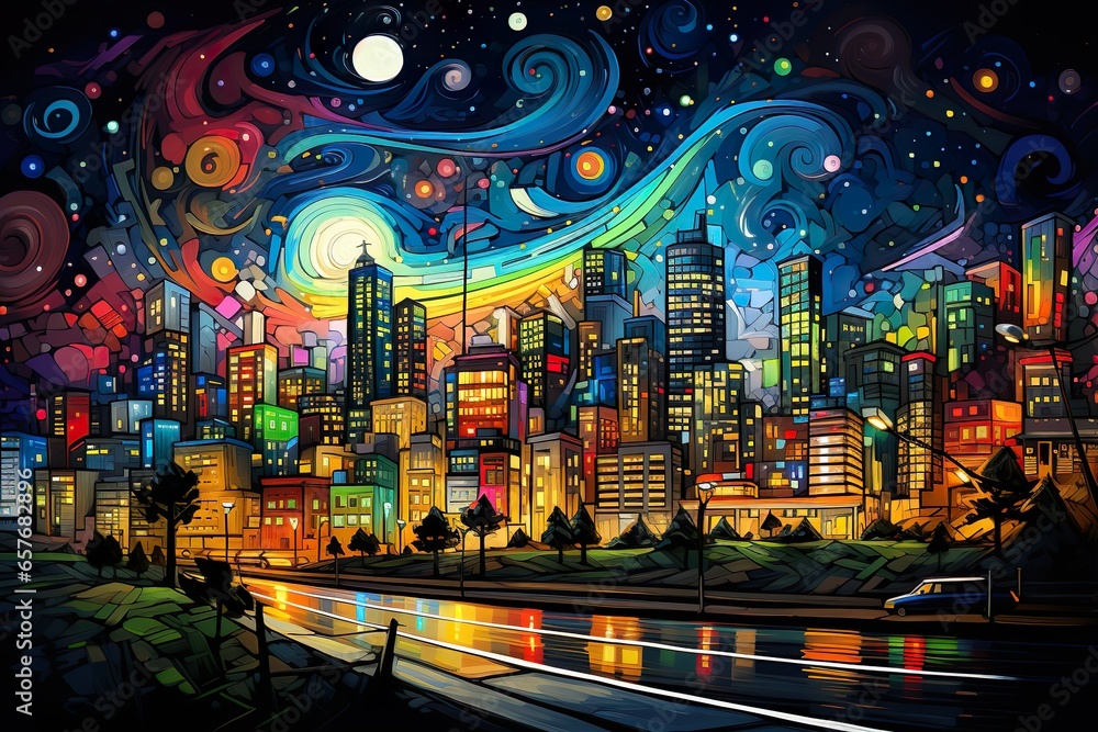 phantasmogorical night city with glowing lights and colored tints in the night starry sky. Cityscape