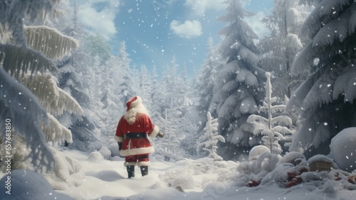 Santa Claus in a magical, snow-covered forest setting, surrounded by towering evergreen trees and softly falling snowflakes. Santa's red suit contrasts beautifully with the serene white landscape.