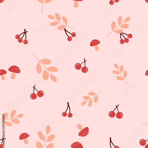 Seamless pattern with red berry, Autumn branch and mushroom on pink background vector illustration.
