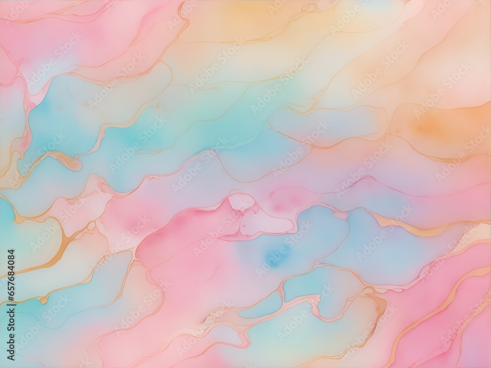 Abstract watercolor paint background illustration, Soft pastel pink blue color and golden lines, with liquid fluid marbled paper texture texture