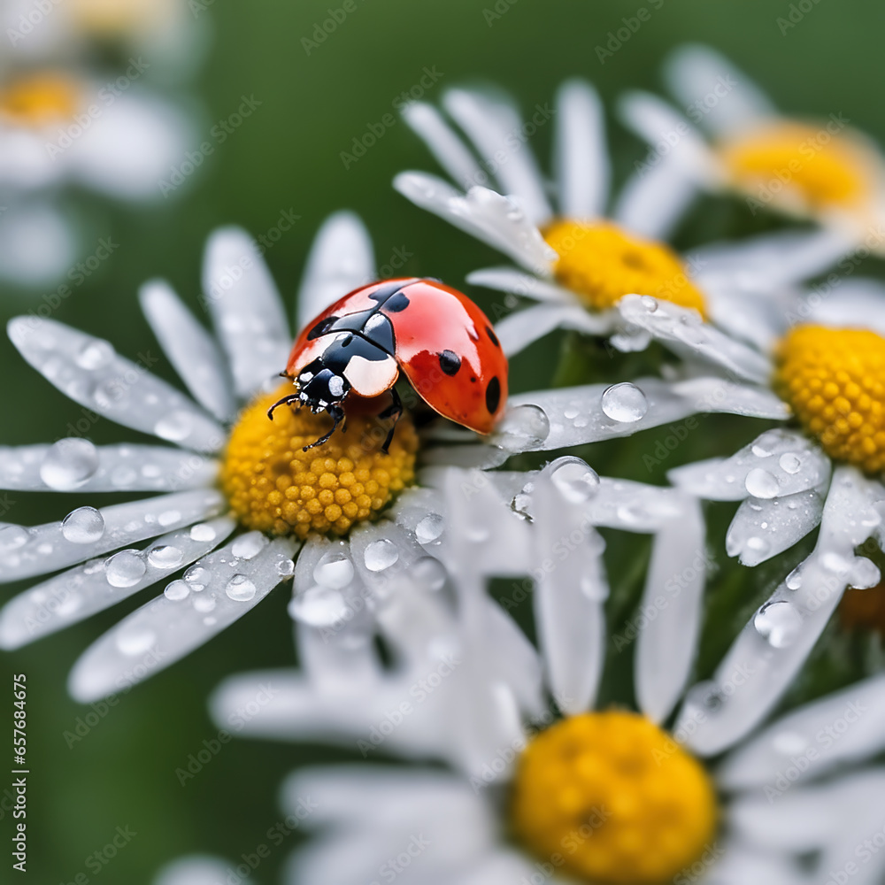 marin beetle sits in the yellow pollen of a daisy with petals that have dew drops marin beetle sits in the yellow pollen of a daisy with petals that have dew drops