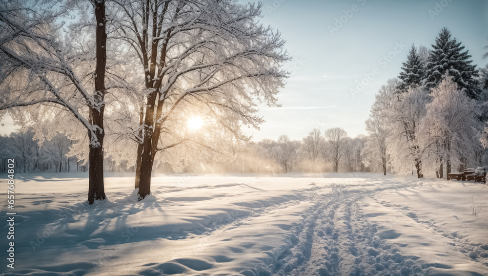 Obraz premium Park view on a winter morning with sunlight shining through snow-covered tree branches. Natural winter landscape