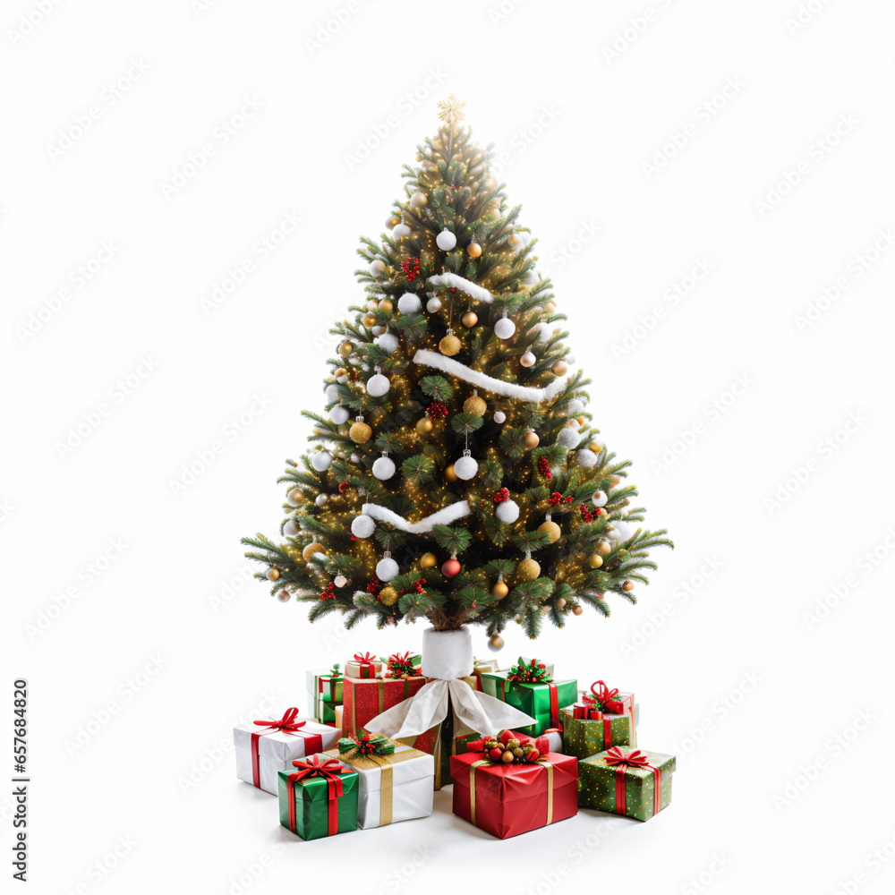 christmas tree with presents on white background