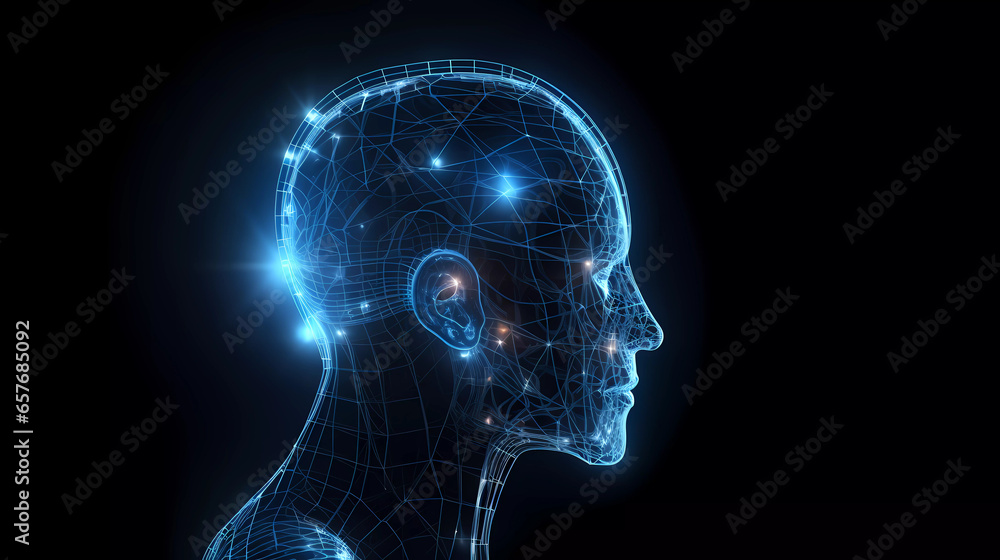 Human head with a luminous brain network connection,Neuro science,Human cognitive and conciousness. Human head with a luminous brain network connection,Neuro science,Human cognitive and conciousness.