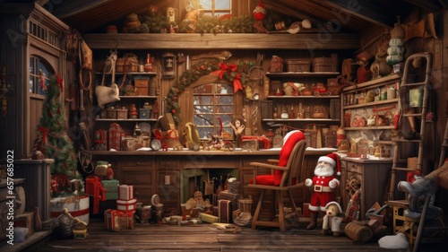 Santa Claus in his whimsical workshop, crafting toys and checking his list. the cozy, clutter-free environment where the magic happens, with a minimalist, modern twist. © lililia