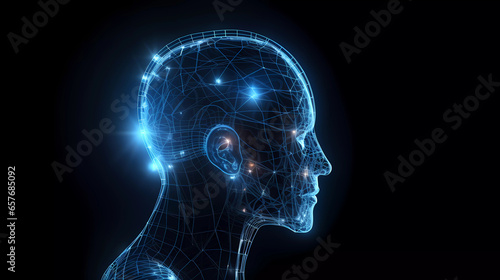 Human head with a luminous brain network connection,Neuro science,Human cognitive and conciousness.