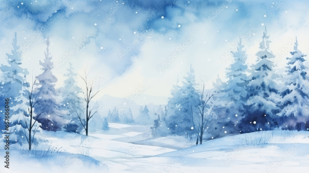 Winter forest landscape watercolor illustration