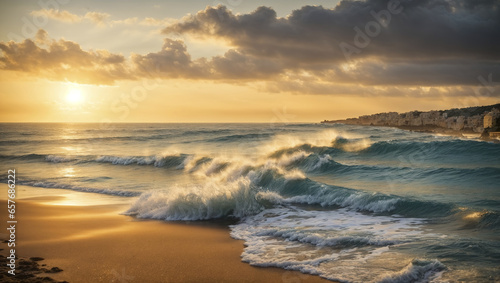 Mediterranean coast during a summer evening. The setting sun highlights waves with foam caps hitting the golden sandy beach.
