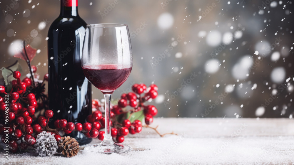 A glass and a bottle of red wine on a snowy table with decorations of fir cones and red rowan berries. Free space for product placement or advertising text. - obrazy, fototapety, plakaty 