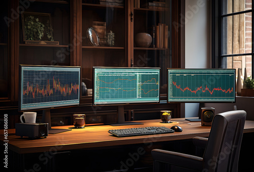 Obraz na płótnie Three monitors with stock analysis and graphs
