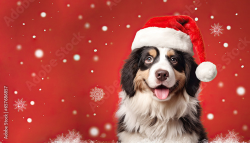 Canvas Print Australian Shepherd or Bernese Mountain Dog wearing a Christmas Santa Claus hat on a red background with falling snowflakes