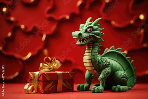 Green wooden dragon figurine near a red gift box with a gold bow. New Year symbol.