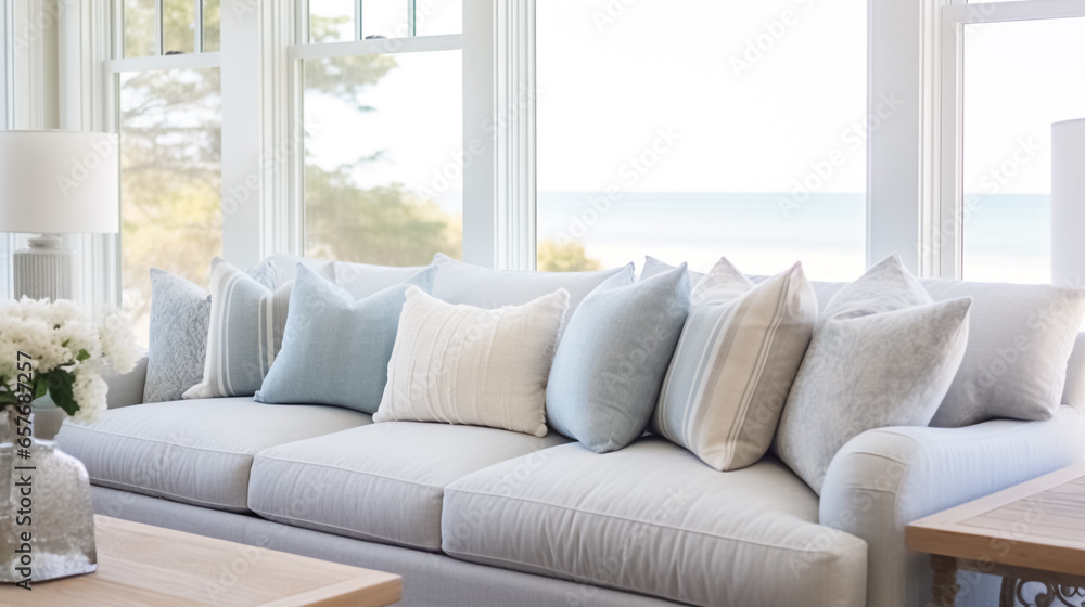 Soft Gray Sofa with Pillows in a Coastal-Themed Room Soft Gray Sofa with Pillows in a Coastal-Themed Room