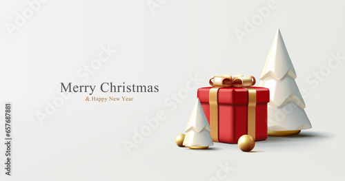 Christmas postcard with 3d illustration of Christmas tree and large red gift box and golden balls, 3d render minimalistic illustration