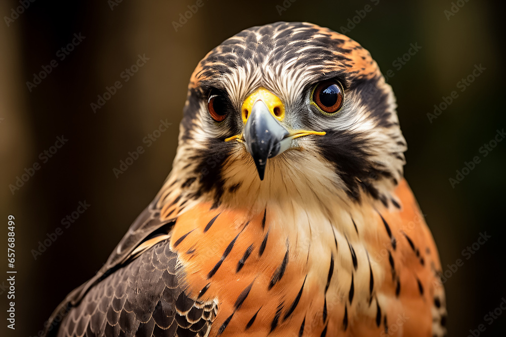 The side view portrait of a red with black pattern falcon looking right isolated on blurred background, Generative AI. The side view portrait of a red with black pattern falcon looking right isolated on blurred background, Generative AI.