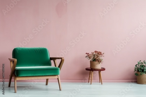 interior design of pink room with green armchair, rug and side table. generative ai.