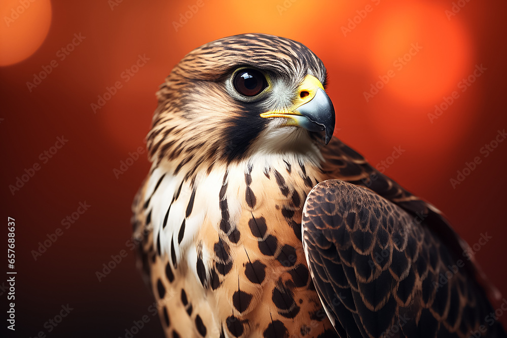 The side view portrait of a red with black pattern falcon looking right isolated on blurred background, Generative AI. The side view portrait of a red with black pattern falcon looking right isolated on blurred background, Generative AI.