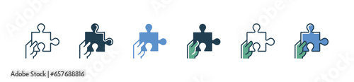 hand holding puzzle piece icon vector business problem solving with jigsaw part creative solution symbol illustration outline simple design