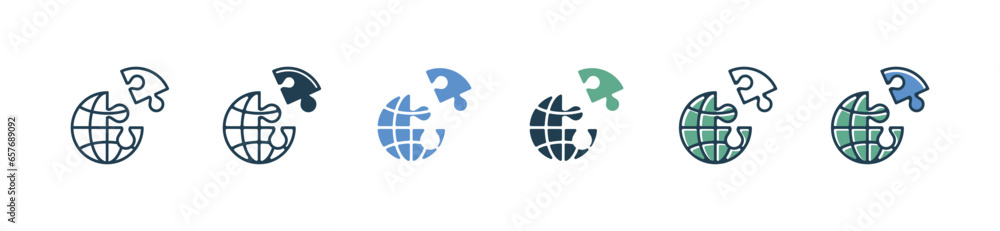 Fototapeta premium business problem solving with globe puzzle jigsaw piece icon vector match part connect company success work symbol illustration