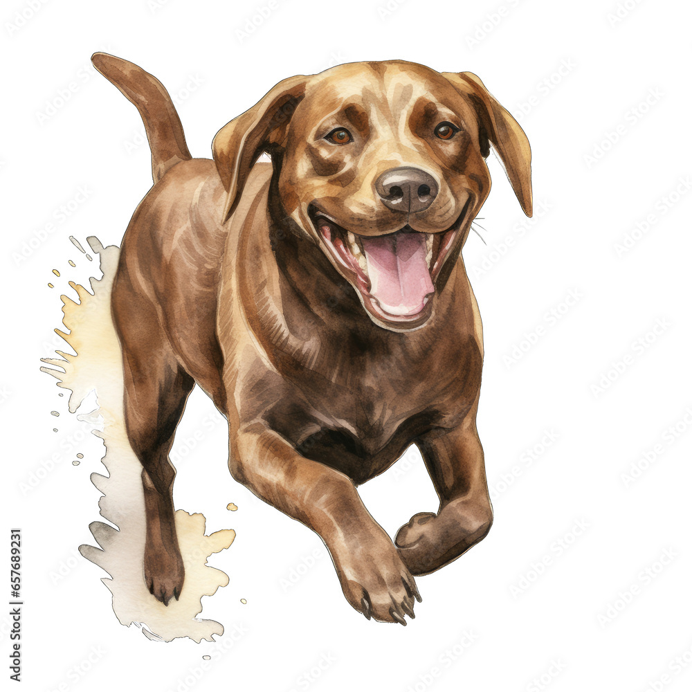 Jumping and running chocolate labrador retriever, isolated on white transparent PNG background