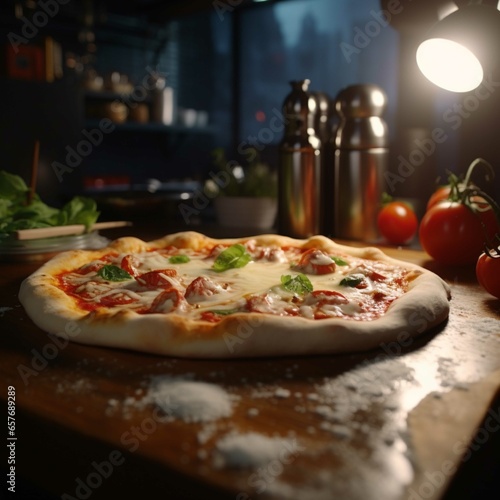 Pizza with mozzarella, tomatoes and basil in a fireplace