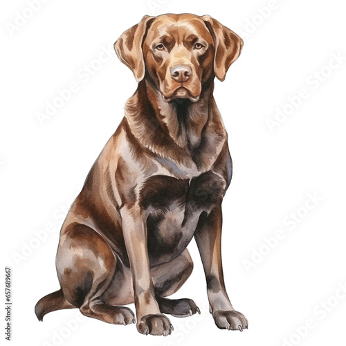 Sitting chocolate Labrador retriever dog  isolated on white transparent background