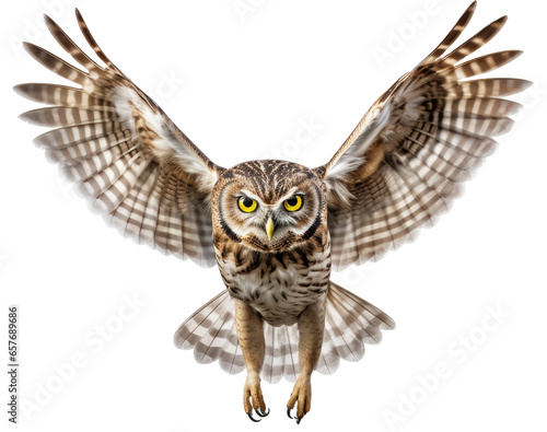 Flying little owl isolated on a white background as transparent PNG