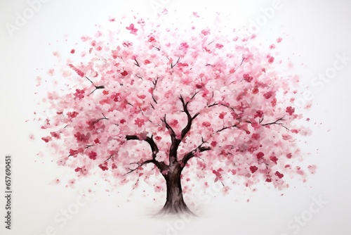 Bird's eye view of blossoming cherry tree against white backdrop. Generative AI
