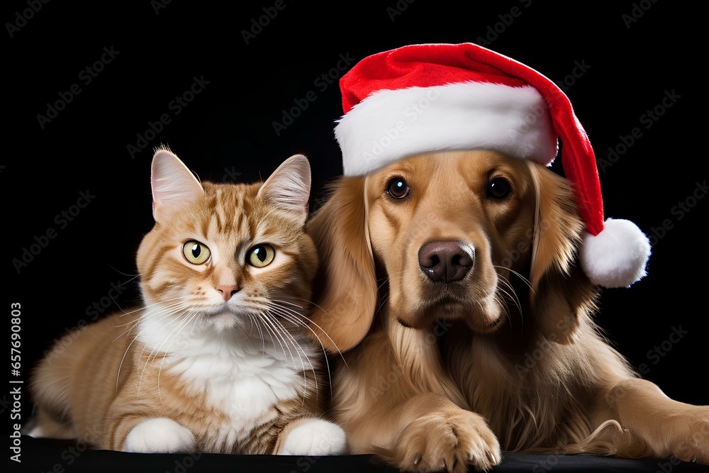 dog and cat wearing Christmas hats , isolated on white background created with Generative AI technology	