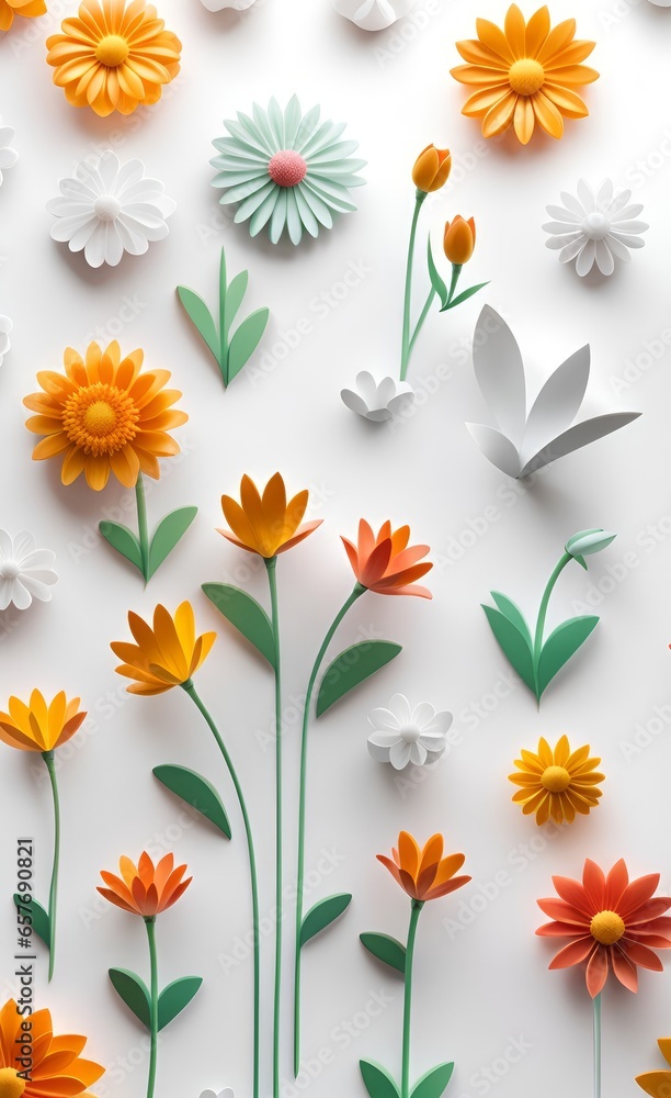 3d flowers on white wall background, Generative AI