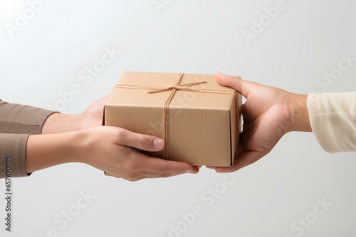 hands holding parcel box sending to another hands, white background, natural lighting created with Generative AI technology 