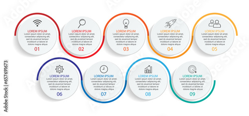 Business Infographic Template Design. minimal concept Timeline with 9 steps, options and marketing icons. Vector linear infographic with nine connected elements. Can be used for presentations on your 