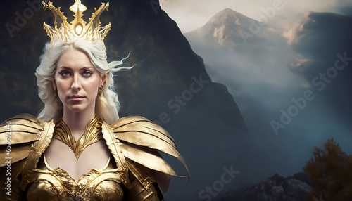Young Queen in golden armor, dark fantasy world, blonde, beauty, princess