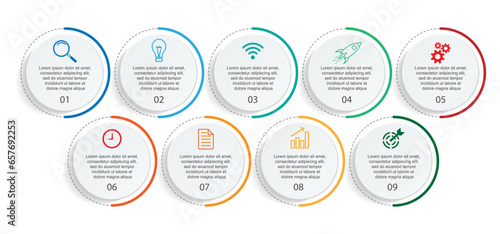 Business Infographic Template Design. minimal concept Timeline with 9 steps, options and marketing icons. Vector linear infographic with nine connected elements. Can be used for presentations on your 