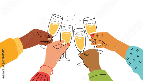 Hands with glasses of champagne close-up, toast.Friends celebrating an event.New Year and Christmas, birthday.Vector stock illustration in flat style.