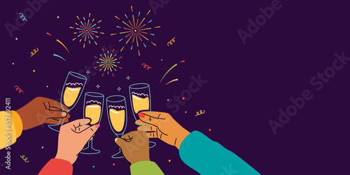 A group of people holding glasses of champagne close-up, toasting.Celebrating a holiday.Birthday, wedding, new year.Fireworks.Banner with copy space.Vector stock illustration.