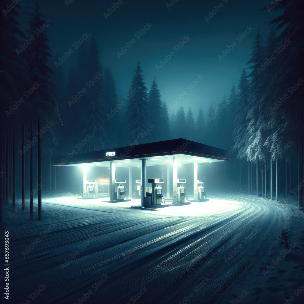 gasoline station in the forest at the winter
