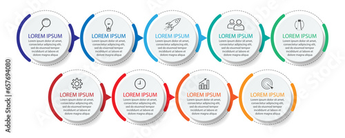 Business Infographic Template Design. minimal concept Timeline with 9 steps, options and marketing icons. Vector linear infographic with nine connected elements. Can be used for presentations on your 