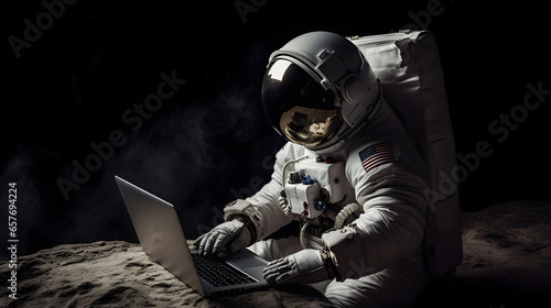 American astronaut uses laptop in space. Generation AI