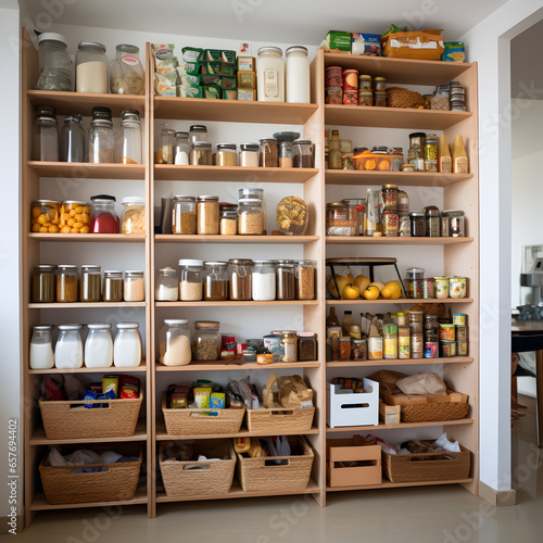 Pantry with various dry foods and goods. Generative ai.