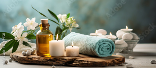 Towels, massage stones, essential oils and sea salt. Beauty treatment items for spa