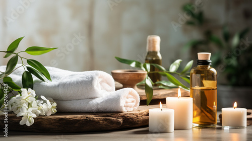 Towels, massage stones, essential oils and sea salt. Beauty treatment items for spa photo