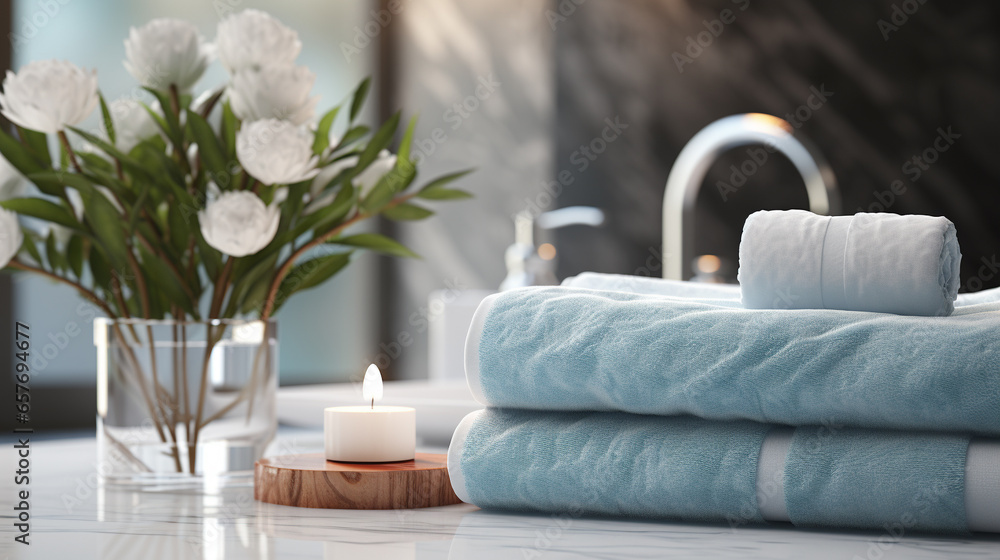 Clean towels and burning candles on counter in bathroom. Hotel. Spa Clean towels and burning candles on counter in bathroom. Hotel. Spa