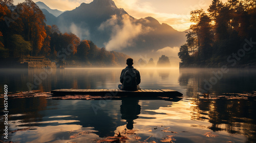 Man watching mountain and lake view at sunset. Back View