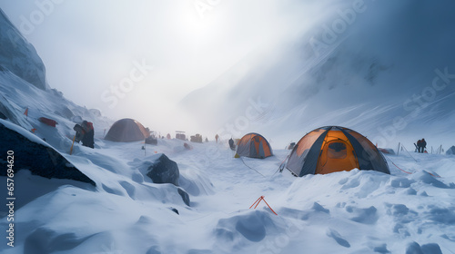 Orange tents of group of climbers tourist on peak of mountain in sunny weather with sun light